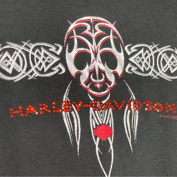 Harley Davidson Black Long Sleeve Tee Red Crystals Silver Skull Design - Picture 3 of 8
